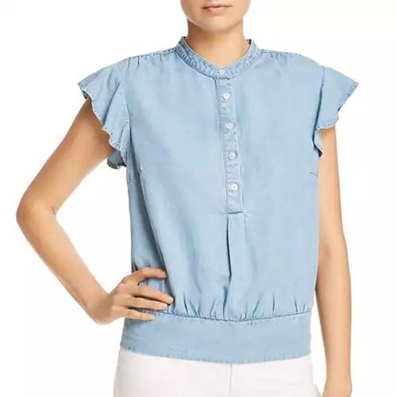 FRAME Large Flutter Sleeve Smocked Chambray Women’s Linen Blend Top Blouse - Picture 9 of 10